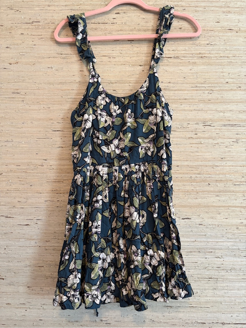 Free People Teal Floral Mini Dress with Olive Leaves